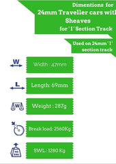 Barton Travellers with 4 Wheels & Sheave for 24mm 'I' Track